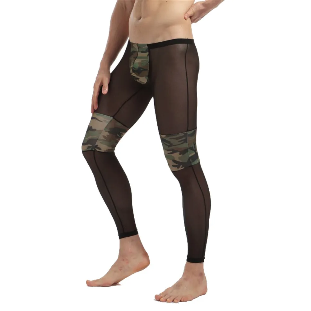 Mens Sexy Mesh Camo Long Johns Ultra-Thin Sheer Leggings Underwear Low Rise Sleep Bottoms Home Ropa Interior Hombre Pajama Pants