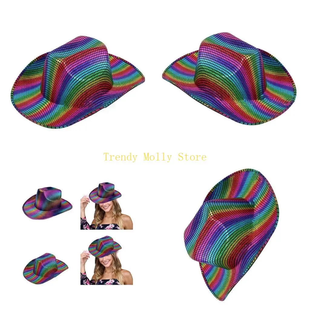 

N5KB Ковбойские шляпы Панама цвета радуги Одежда для вечеринок Ковбойские шляпы Блестящая панама для музыкальных фестивалей