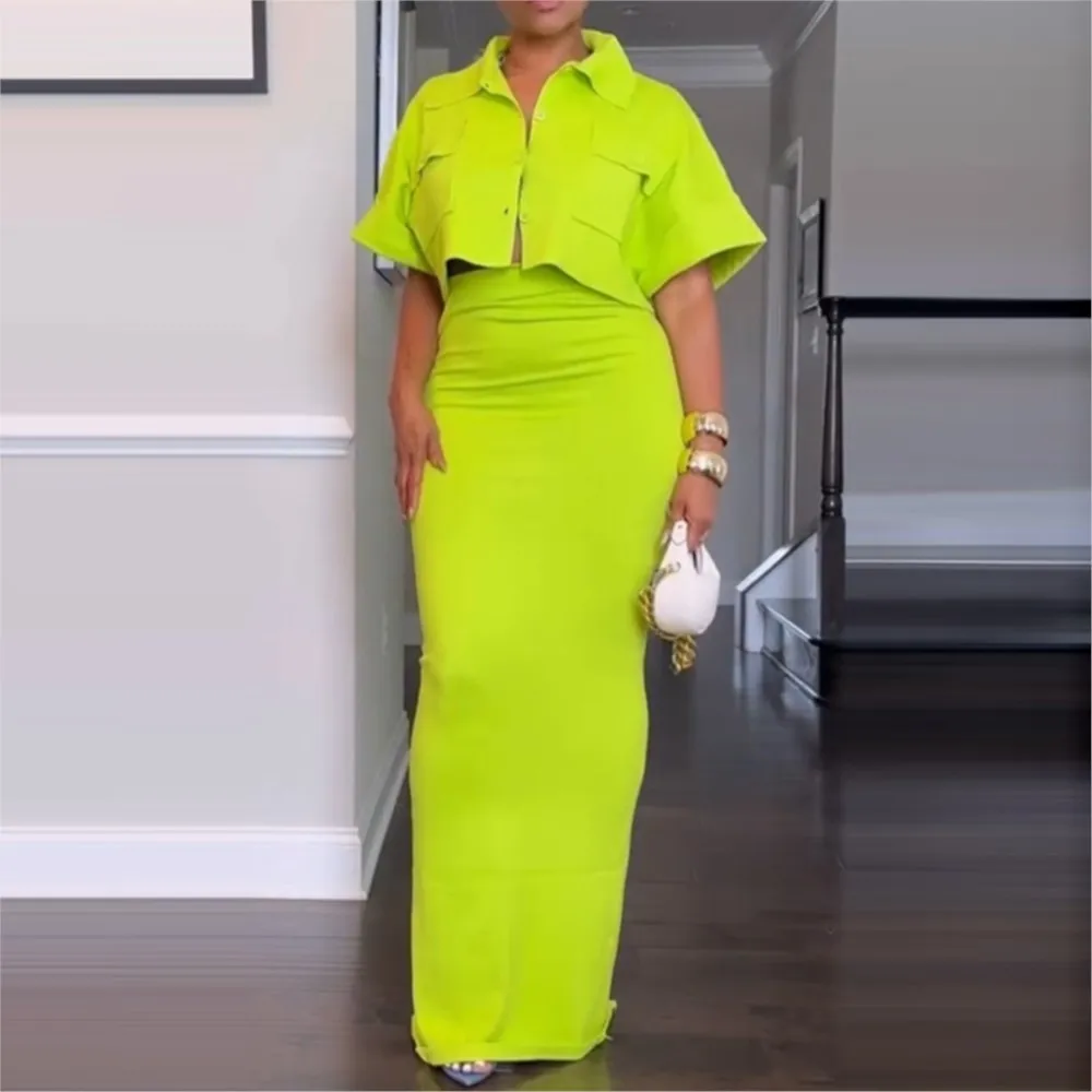 Summer 2025 New Women's Two-piece Set Solid color Short Top Lapel Cardigan Coat + Sexy Slim Hip Skirt Workwear Skirt Suit