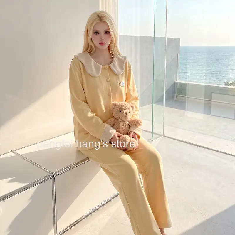 Autumn Winter Women Solid Color Dralon Pajama Set Soft Warm Doll Collar Long Sleeve & Long Pants Homewear Loungewear