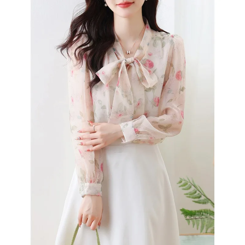 

New 2024 Rose Flower Stylish Chiffon Blouse for Women Long Sleeve French Office Ladies Button Up Shirt Spring Autumn Clothing