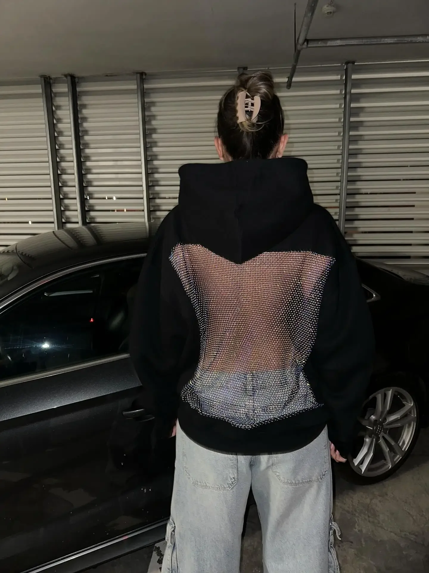 Sudadera con capucha gótica americana para mujer, ropa Sexy de malla hueca Y2K, jersey translúcido a la moda, sudadera informal de manga larga