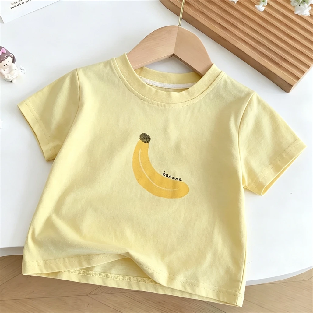 Apple Banana T-shirt Solid Color All-match Base Shirt New Design Thin Crewneck Pullovers Summer Child Girls Clothes Lovely Tees