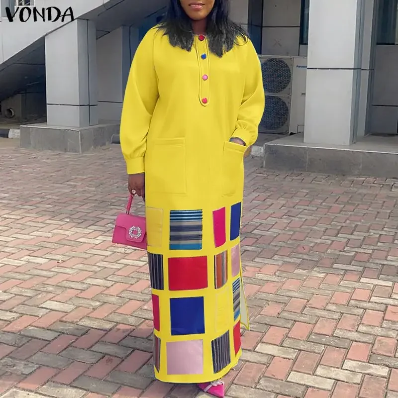 

VONDA размера плюс 5XL винтажное женское платье макси модное богемное платье с длинным рукавом и принтом повседневное свободное вечернее платье большого размера с карманами