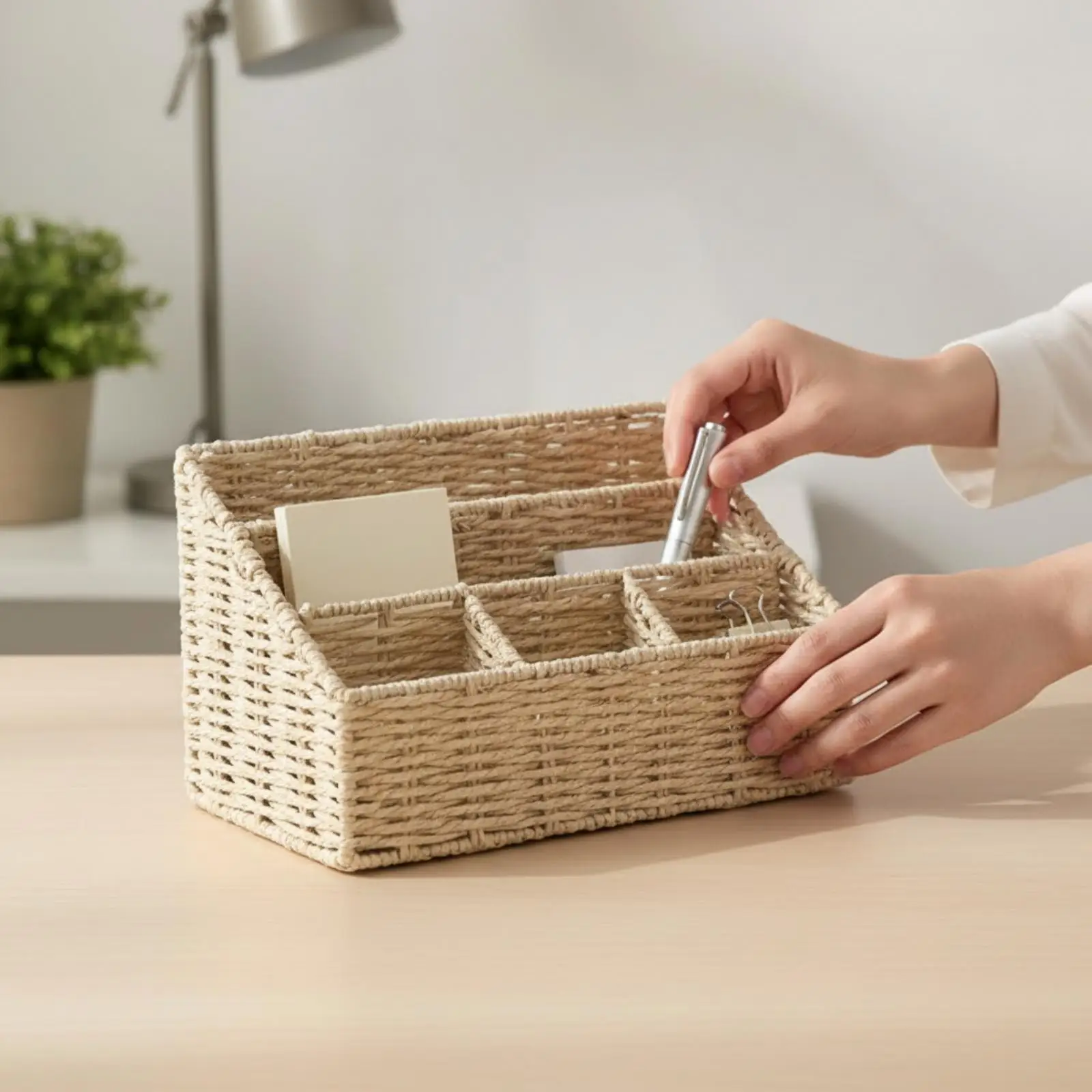 Rectangular Woven Storage Container Desk Organizer Basket Paper Rope Beige with Raised Back and Divided Sections for Everyday