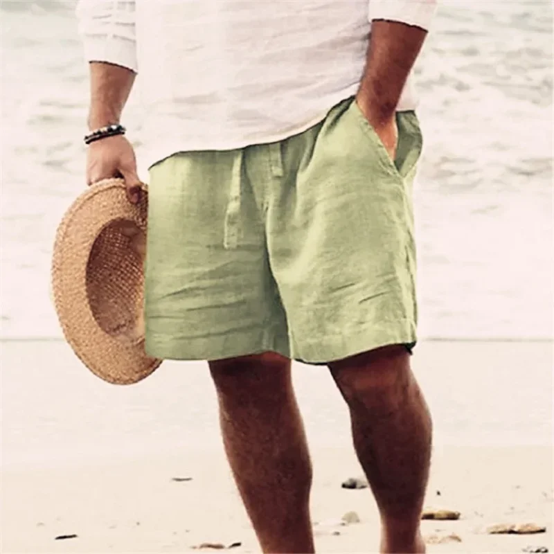 

Summer New Men Solid Color Cotton and Hemp Shorts Outdoor Sports Running Comfortable Breathable Surfing Beach Shorts