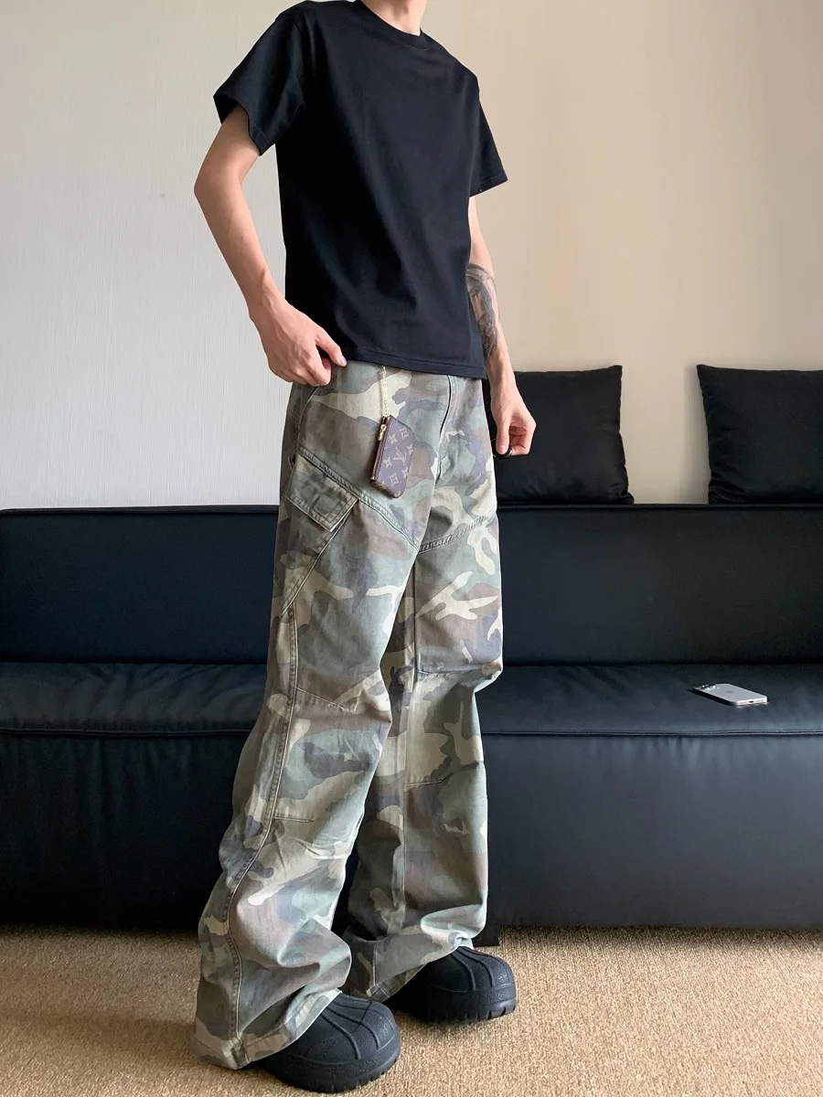 

AERO American High Street Vintage Camouflage Work Pants Men's Multiple kets Loose Wide Leg Straight Casual Trousers