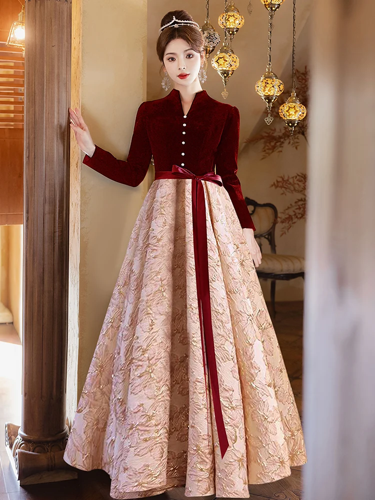 

Red Materni Wedding Dr Long Sve Engagement Par Gown plus Size Conceals Belly High Waist A-Line Skirt for Autumn Winter