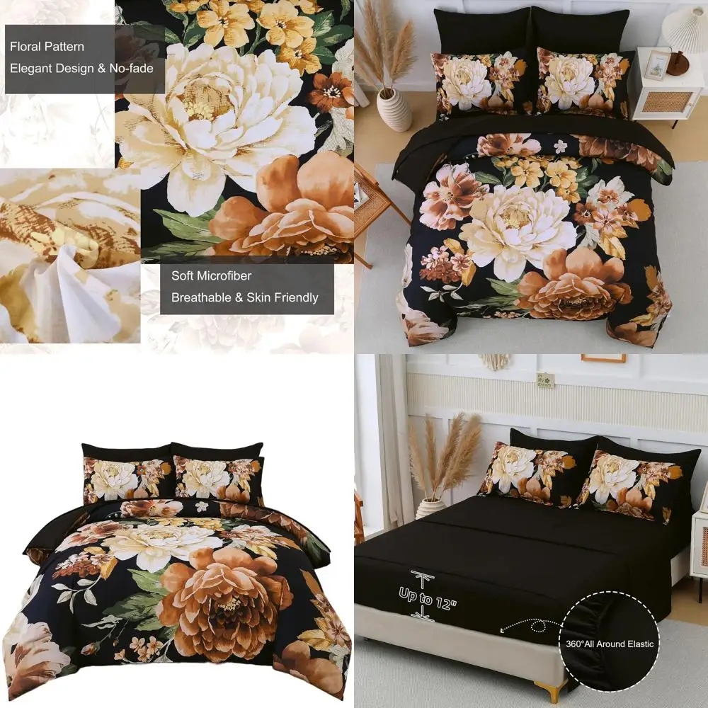 

Элегантный черный и золотой комплект одеял Cal King с цветочным принтом в стиле бохо, постельное белье из микрофибры из 7 предметов с простынями на все сезоны