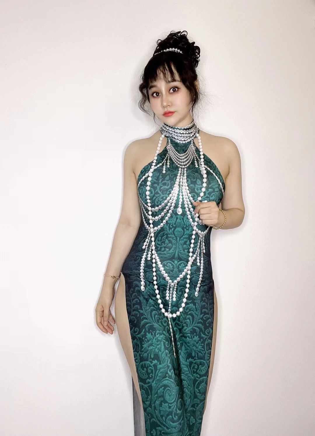 

Vintagelong dress gipao chain pearl 3DPrint high split green folk dance sleevelessPerformance stage outfit festival clothingB044