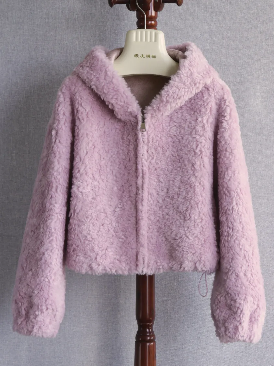 2025 Imported Australian all-wool fur coat hooded short granular composite fur integrated fur coat