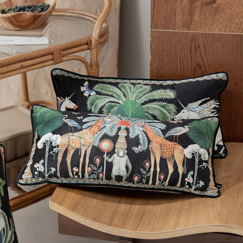 Jungle Animal Pillows Luxury Black Velvet Cushion Case Monkey Elephant Decorative Pillow Cover For Sofa Chair Home Decorations
