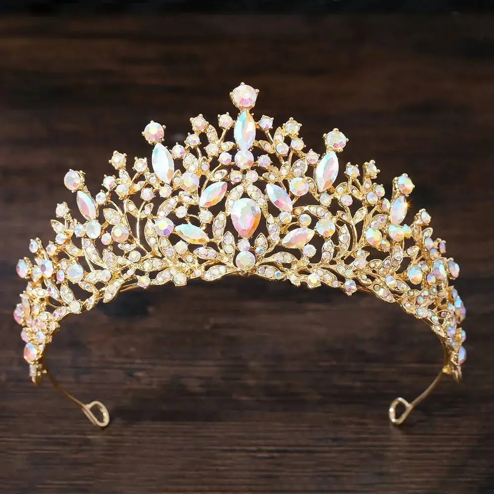 Baroque Vintage Forest Leaf AB Color Crystal Bridal Tiara Crown Rhinestone Diadem Veil Tiaras Wedding Hair Accessories Headpiece