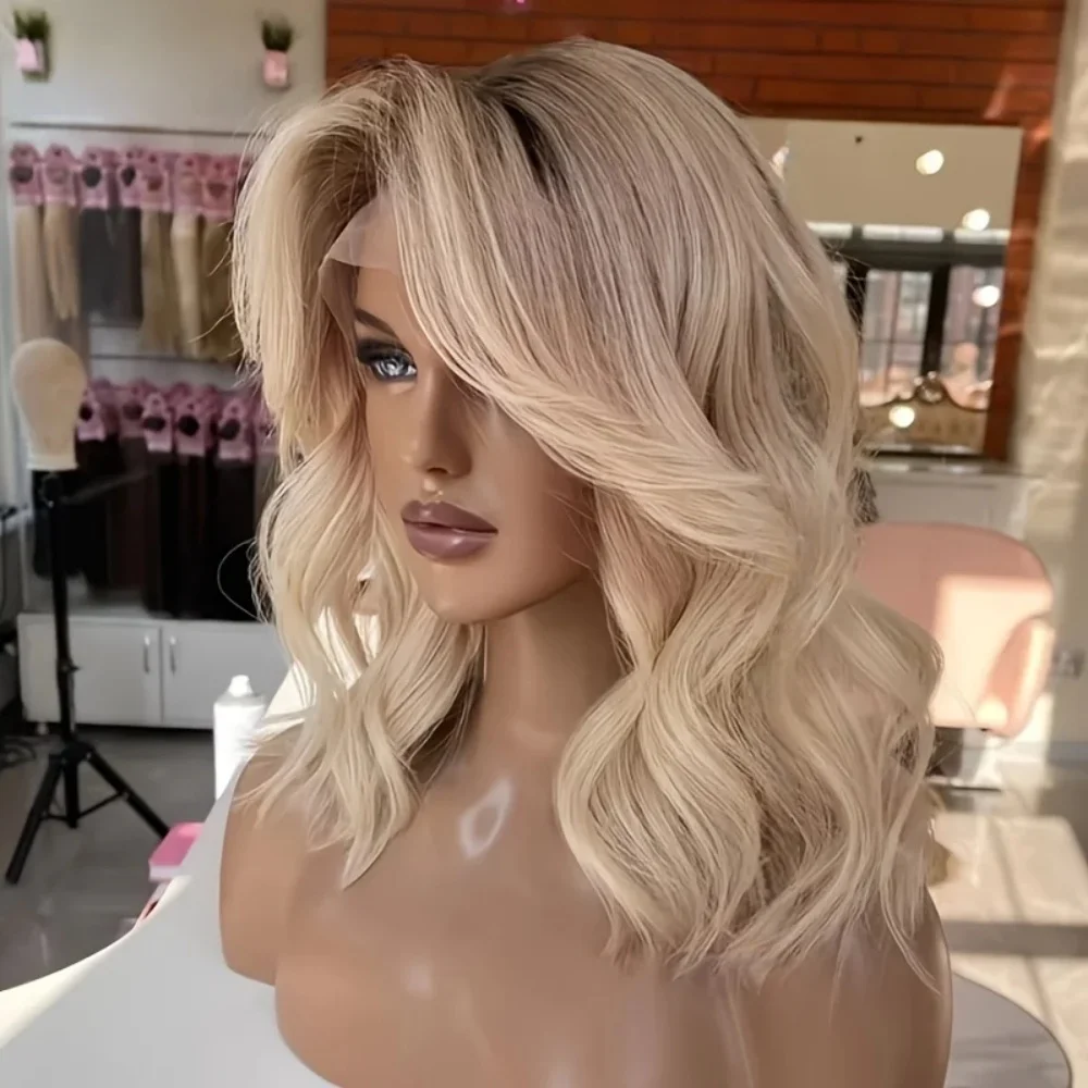 Pre-Plucked Ombre Blond 24Inch Wave with Bangs Natural HD Lace Wig for Women Transparent Lace Frontal Versatile Hair Wig