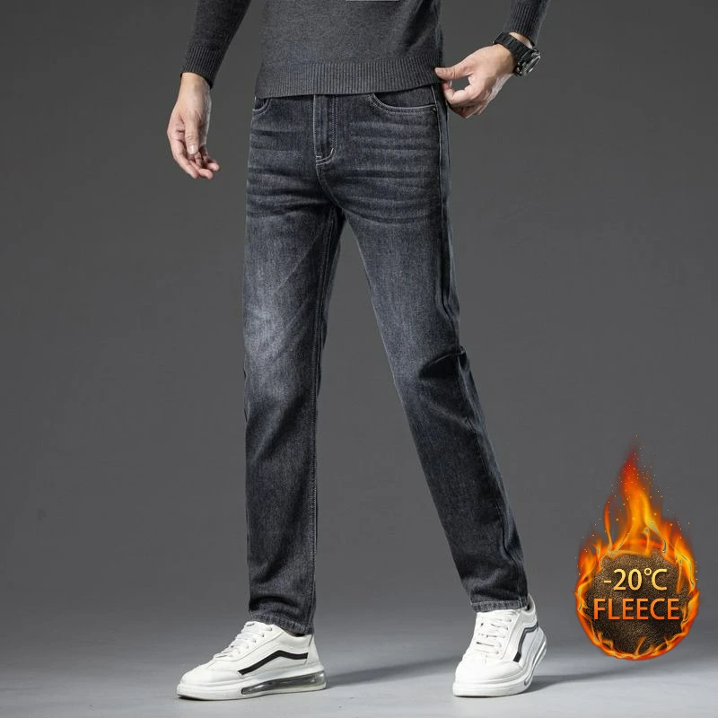 メンズ秋冬暖かいフリース裏地付き厚手ストレッチソリッドジーンズビジネスカジュアルジーンズ軽量パンツオフィス日常着
