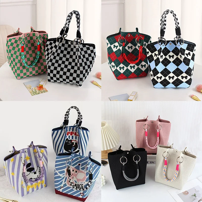 

Knitted Hollow Out Handbag Portable Work Outing Large Capaci Handbag Commuter Tote Square Bag
