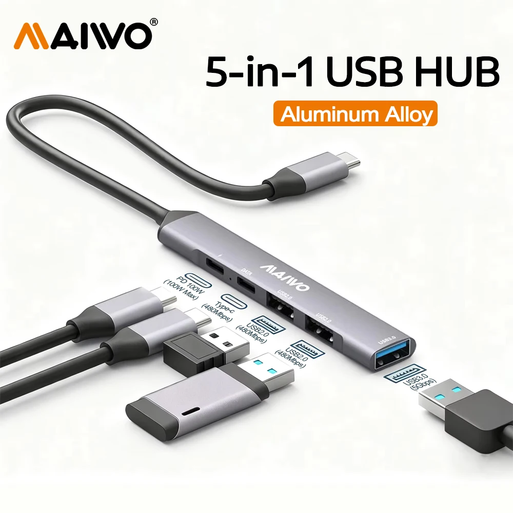 

MAIWO 5-in-1 Splitter USB C HUB PD 100W Type-C & USB-A 5Gbps USB Multiport Adapter for MacBook iPad Laptop Expansion PC Desktop