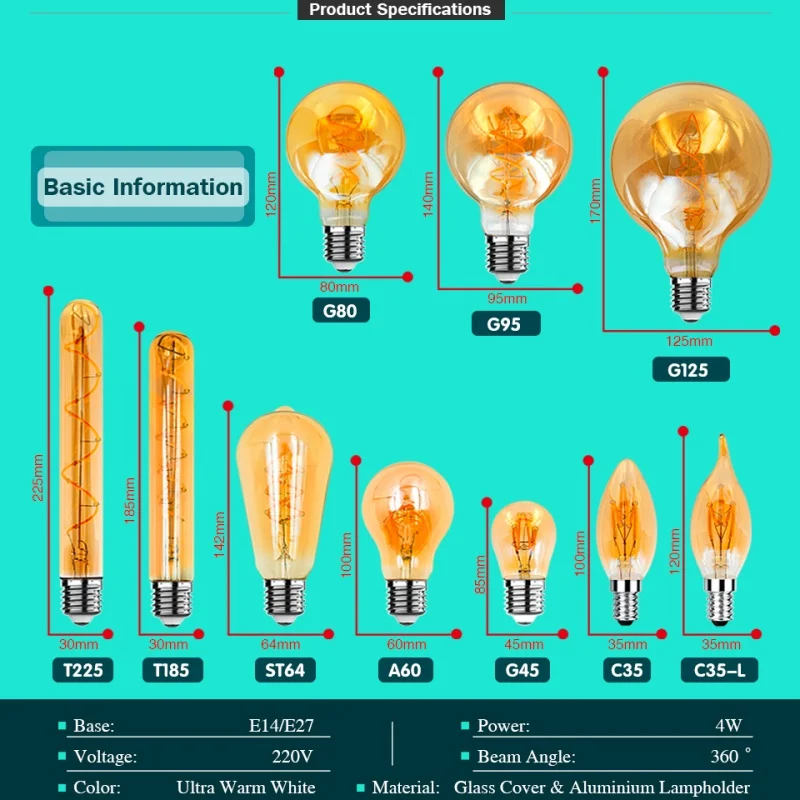 10pcs Vintage LED Edison Bulb E27 E14 4W AC 220W Dimmable C35 A60 ST64 G95 Spiral Filament Light Bulb Retro Lamp Indoor Decor