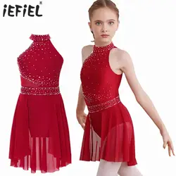 Kids Girls Sparkly Rhinestone Ballet Jersey Lyrical Dress Gymnastics Artistic Figure Skating Costume Ballerina Tutu Tights Dress