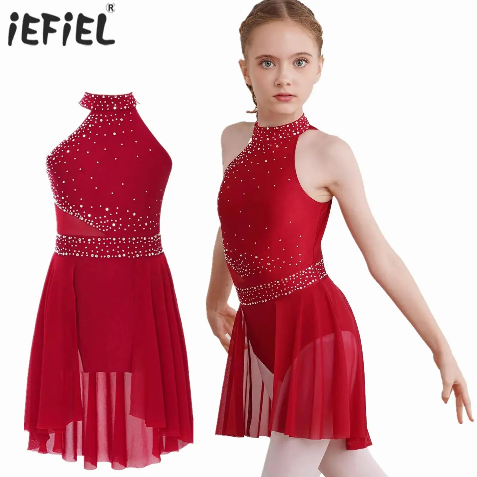 Kids Girls Sparkly Rhinestone Ballet Jersey Lyrical Dress Gymnastics Artistic Figure Skating Costume Ballerina Tutu Tights Dress