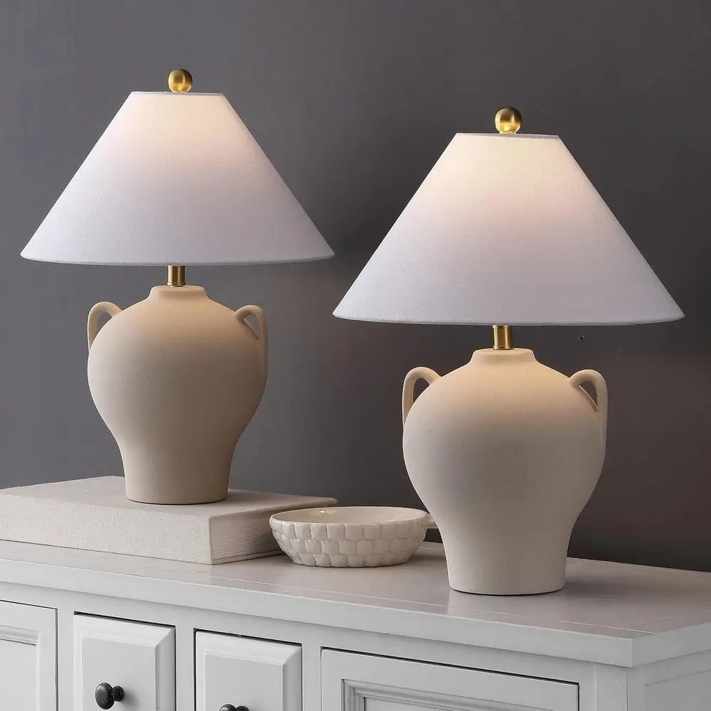 Beige Ceramic Table Lamp Set of 2, 18 with Fabric Shades, E26 Bulb Compatible