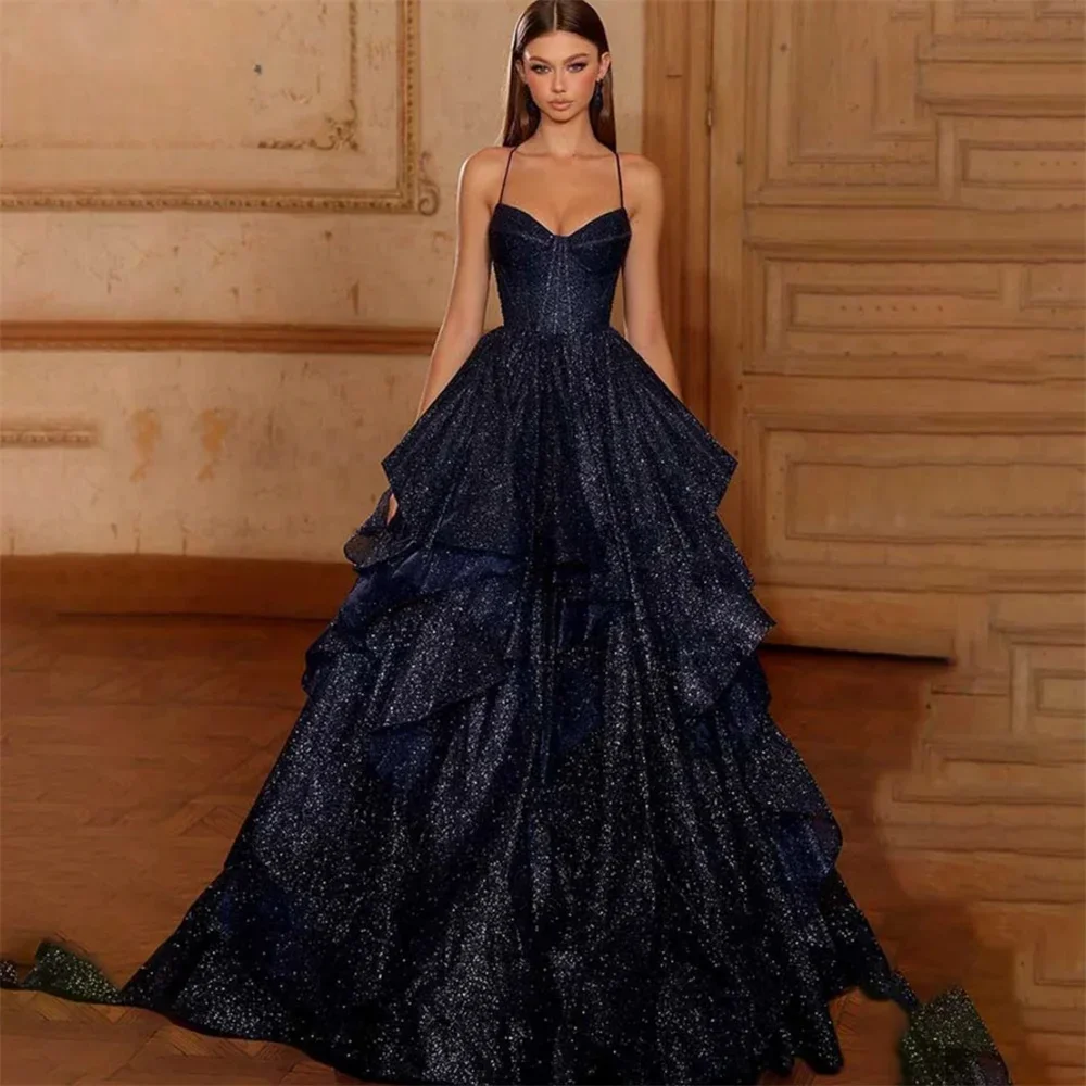 

Navy Blue A-line Prom Dresses Customized Spaghetti Strap Sparkling Tulle Layered Graduation Dress Formal Party Evening Gowns