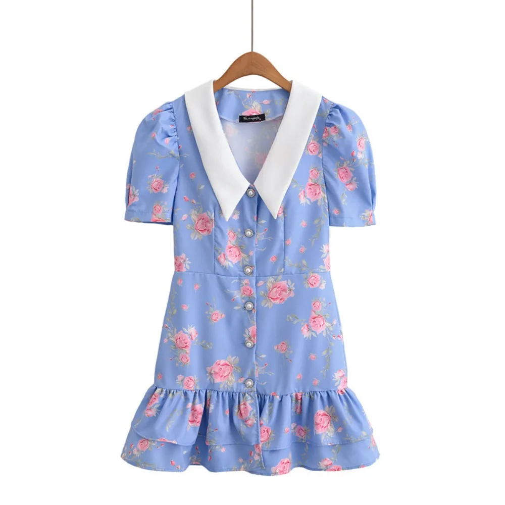 

Sweet V-neck Girls Floral Dress Ruffle Edge Lapel Children Princess Dress Short Sleeve Skirt Flower A-line Dress Gifts