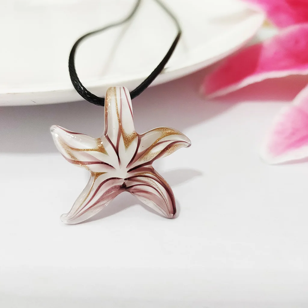 1PCS Sea Star Starfish Pattern Murano Glass Pendant Necklace Jewelry Pink Lampwork For Women 29MM Fashion Decorations