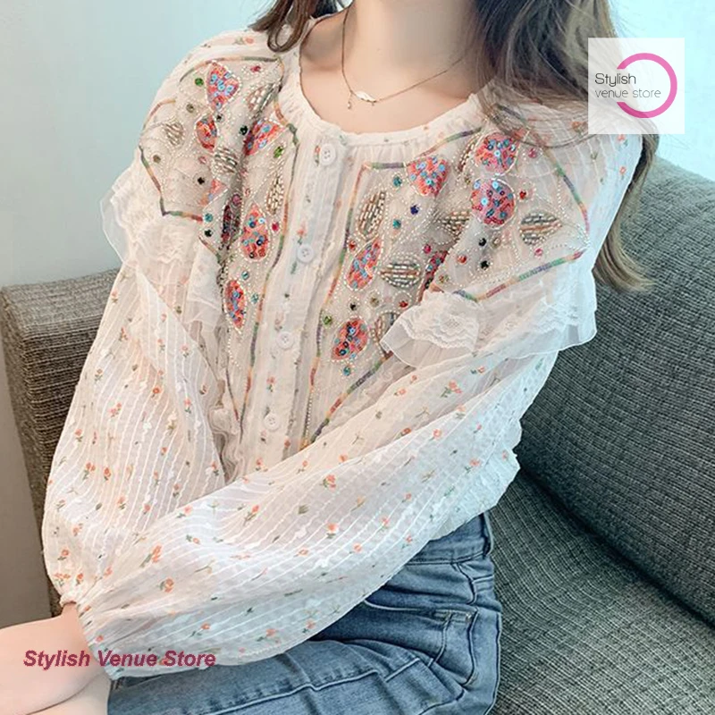 

French floral chiffon shirt women's spring and autumn new beautiful blouse design sense niche foreign style long-sleeved blouse.