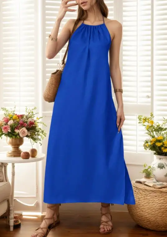 

Women Dress 2026 Summer Loose Casual Elegant Simple Solid Color Backless Sleeveless Hanging Neck Dress Suitable Beach Parties