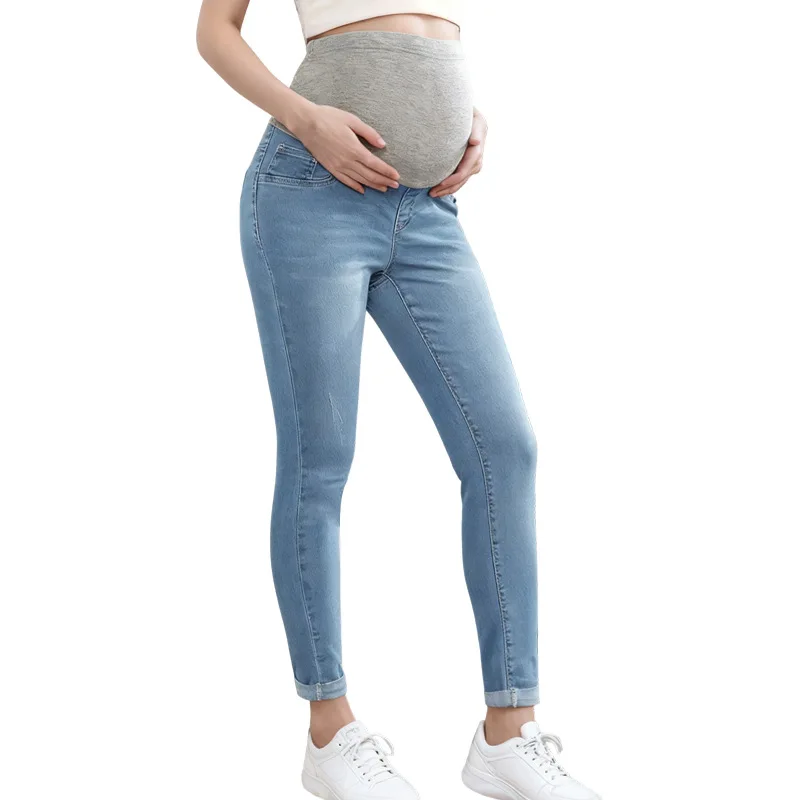Umstandsjeans mit hoher Taille und Bauchstütze, Stretch-Denim, Skinny-Hose, Frühjahrskleidung für Schwangere