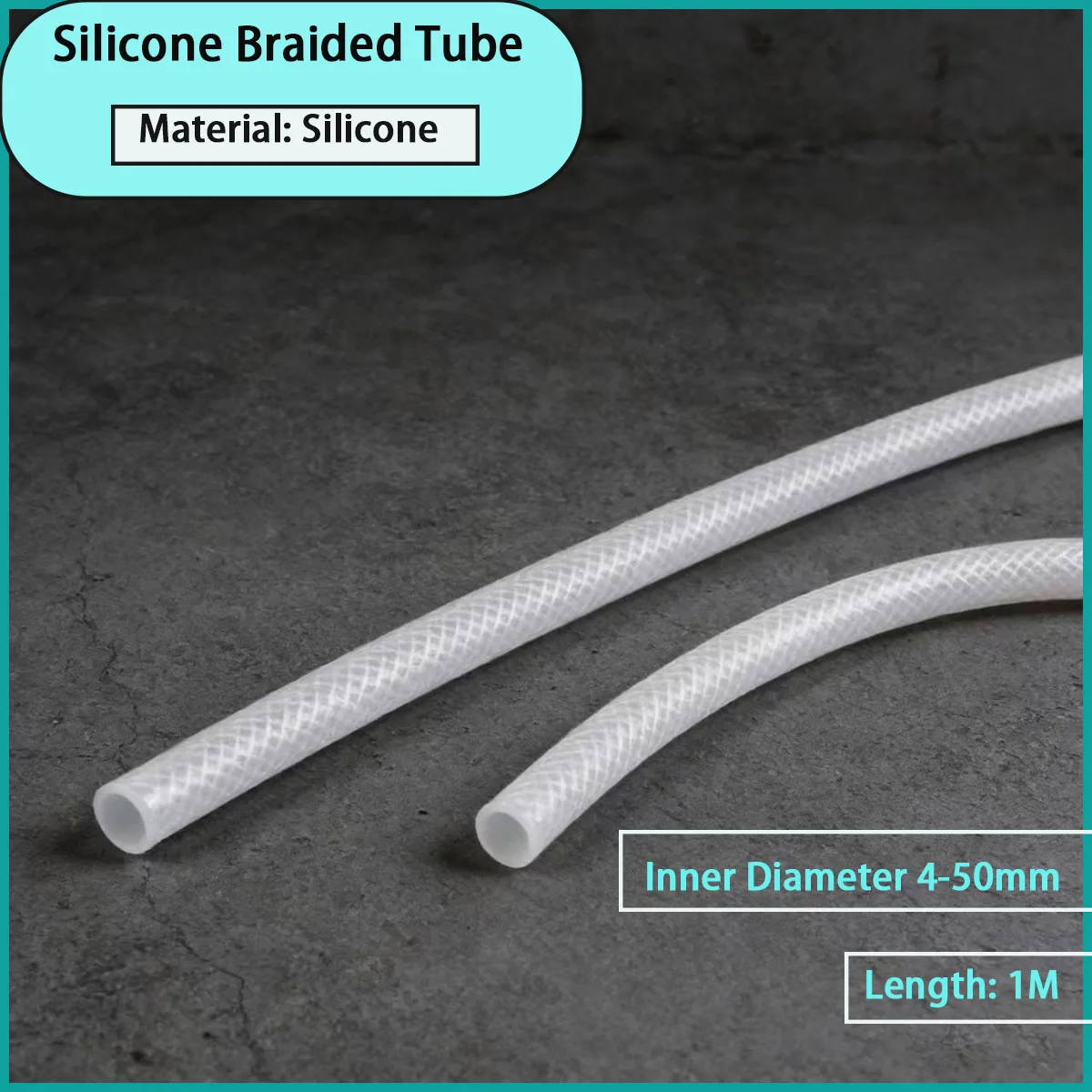 Silicone braided tube with inner diameter of 4-50mm is used in food, medical, household appliances, bathroom, etc