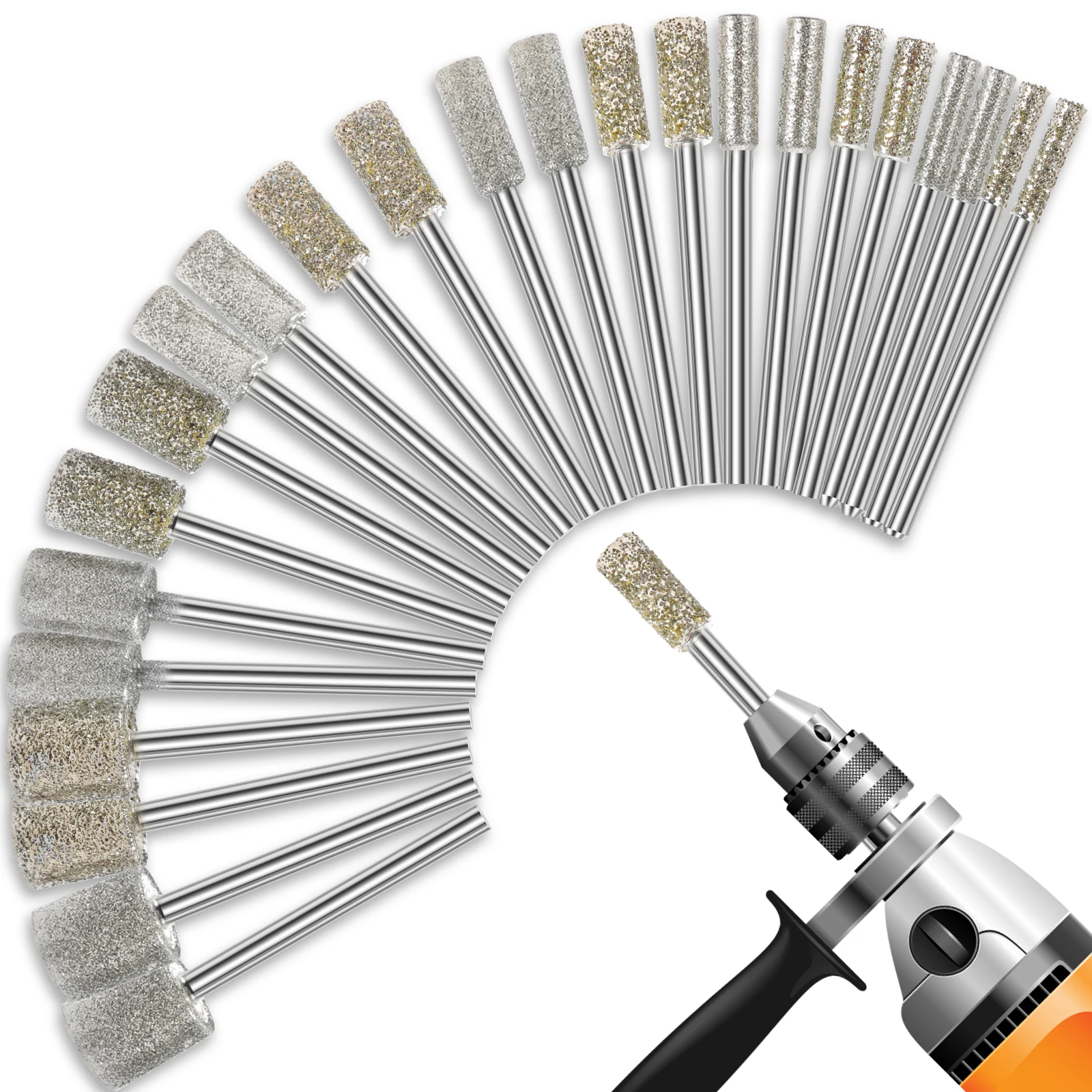 

24Pcs 3-10mm Cylindrical Diamond Burr Grinding Bit Stone Engraving Drill Bit Resistant Polishing Burrs