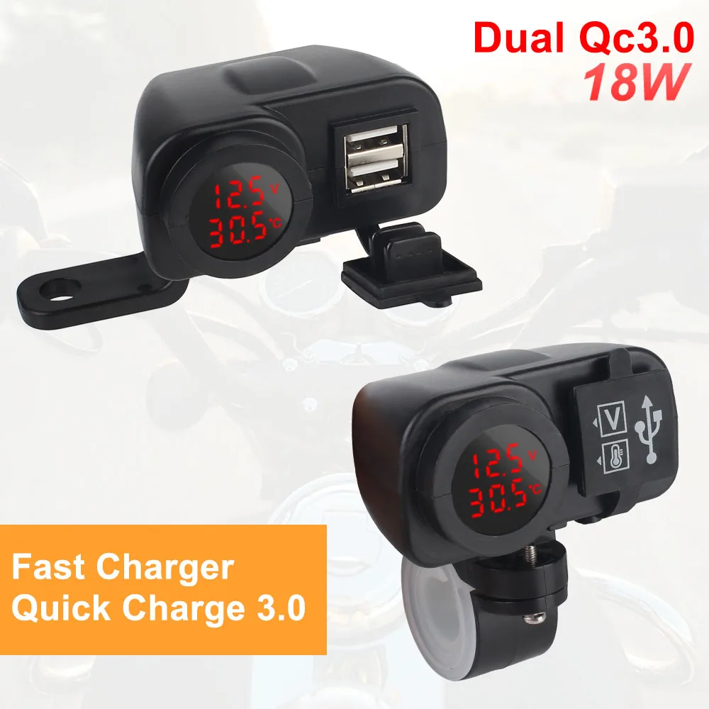 

Зарядное устройство с цифровым дисплеем, разъем для зарядки мотоцикла QC3.0 PD, вольтметр, термометр, USB Type-C, аксессуары для быстрой зарядки