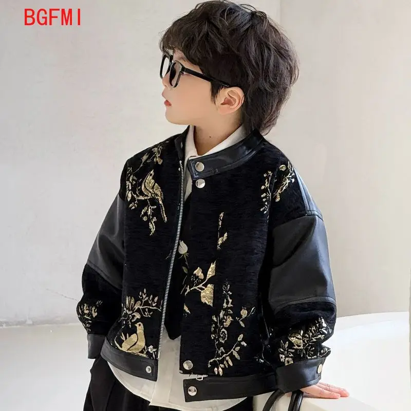 Koreanische Kinder Herbst Frühling Pu Kleidung Baby Jungen Faux Leder 3D Gestickte Vogel Jacke Mantel Casual Zipper Tops Oberbekleidung 2-11 Y