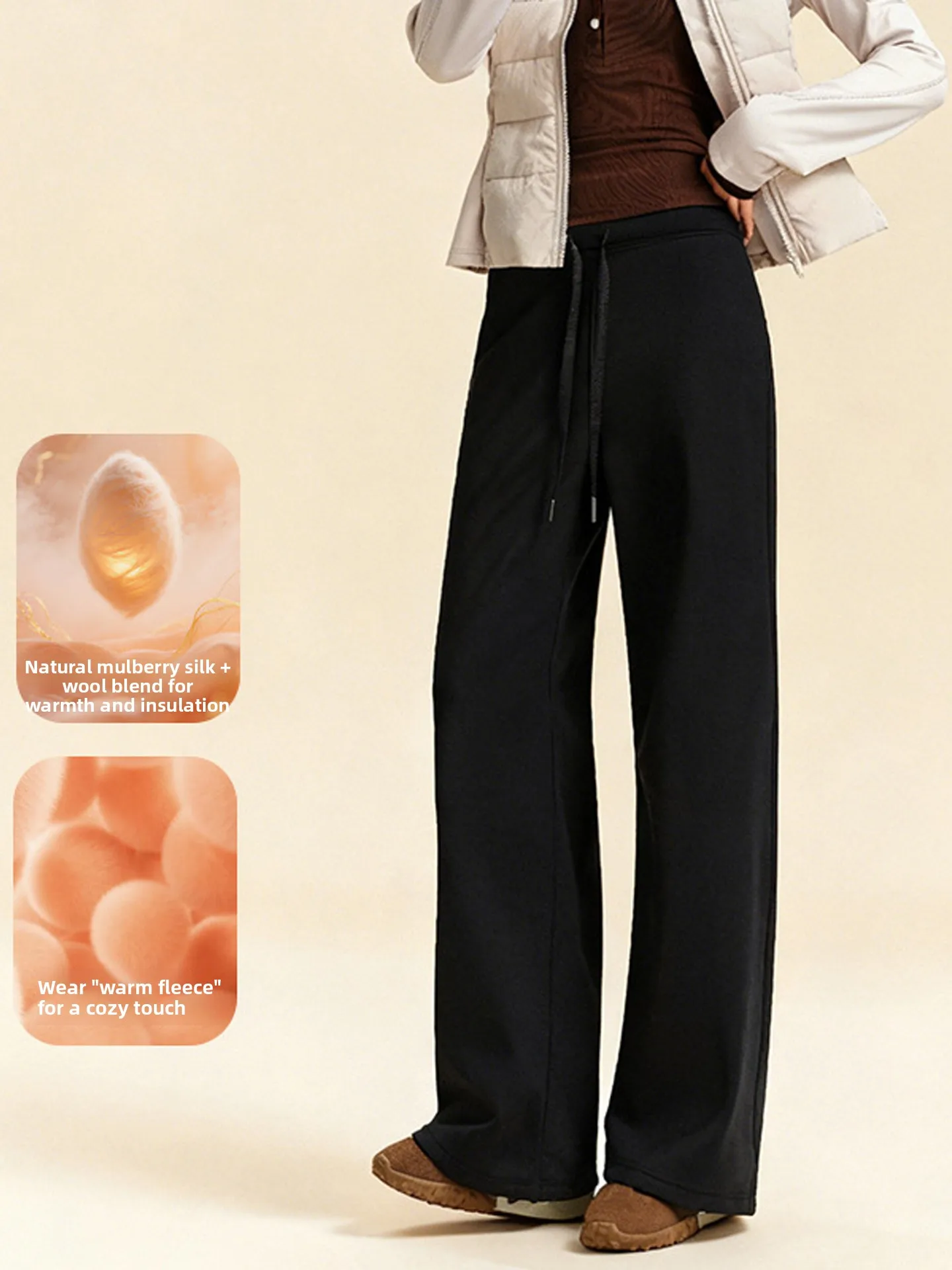High-Waisted Fce-Lined Thi Wide-Leg Yoga Pants Women's Winter Outerwear ark Pants Warm Base Layer Bot Bla