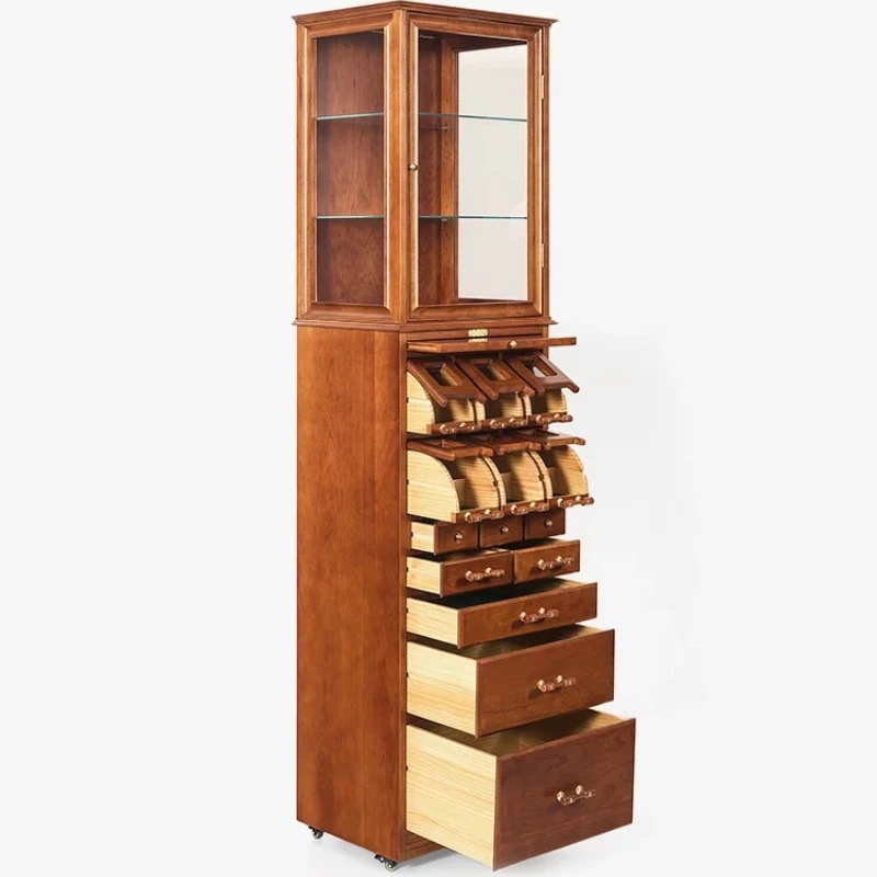 

Multi-drawer retro glass door display cabinet with lamp removable cultural play storage