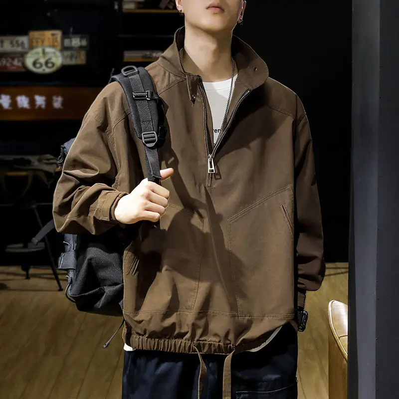 

Retro Work Suit Men's Half Zipper Jacket Trendy Brand Loose Pullover Stand Collar Jacket