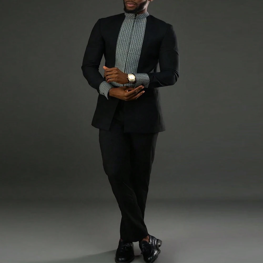 

Kaftan Men Outfits African Men Suits Long-sleeved Stand-collar Top Pants National Casual 2PCS Kaunda Suit Party Luxury Clothing
