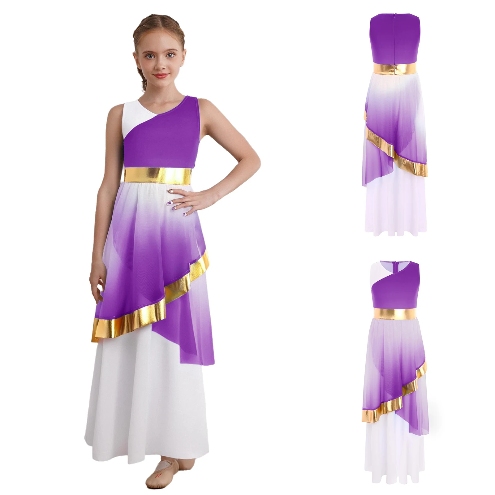 Sukienka do tańca liturgicznego dla dziewczynek, bez rękawów, z dekoltem w serek, asymetryczna, strój do tańca współczesnego na występy sceniczne.