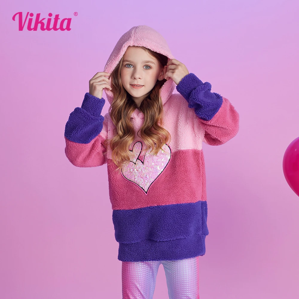 VIKITA Girls Hoodies for Autumn Spring Kids Fleece Hooded Sweatshirt Girls Heart Design Striped Thick Hoodies Children Clothing