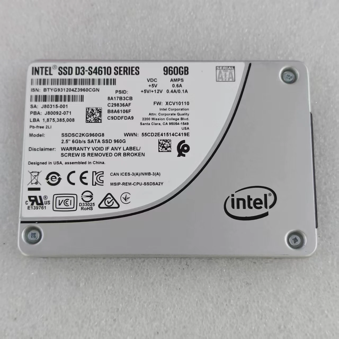 D3-S4610 960GB SSDSC2KG960G8  S4610 SSDSC2KG960G801 960G SATA MU 6G 2.5 SSD