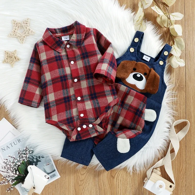 

Cute Infant Baby Boys Suit Spring Autumn Long Sleeve Plaid Romper Cartoon Dog Pattern Long Suspender Pants Overalls Clothes
