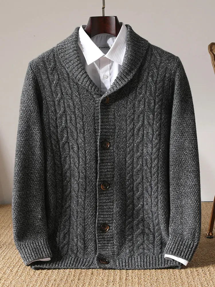 100% Australian wool button-down cardigan green fruit collar thickened solid color sweater business casual cashmere knitted view 2