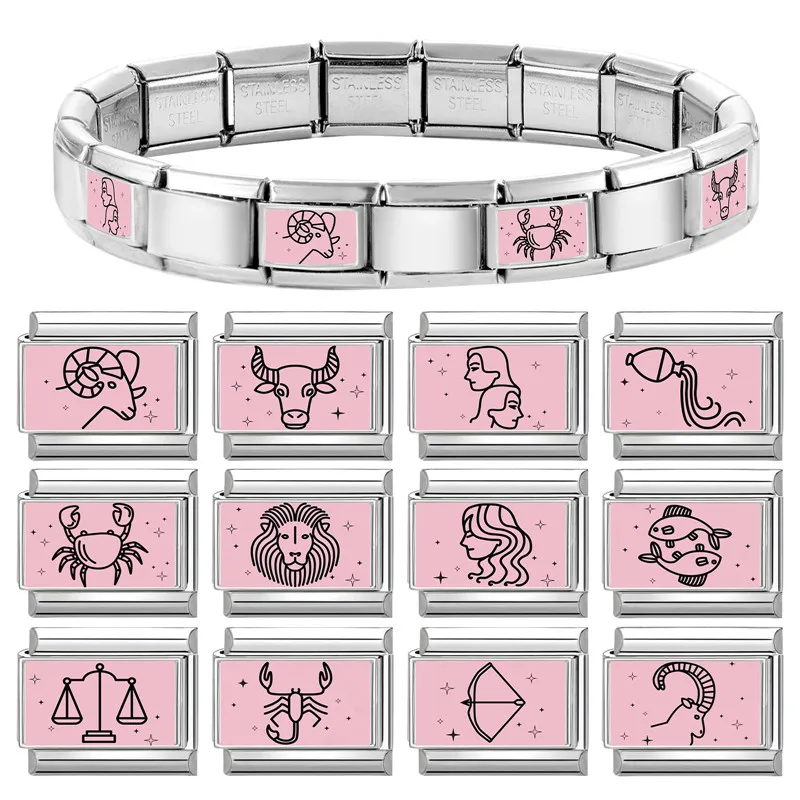 Y2K Pink Printing 12 Zodiac Signs Series Italian Charm Link Fit 9mm Stainless Steel Bracelet =DIY Making Jewelry Gift Wholesale