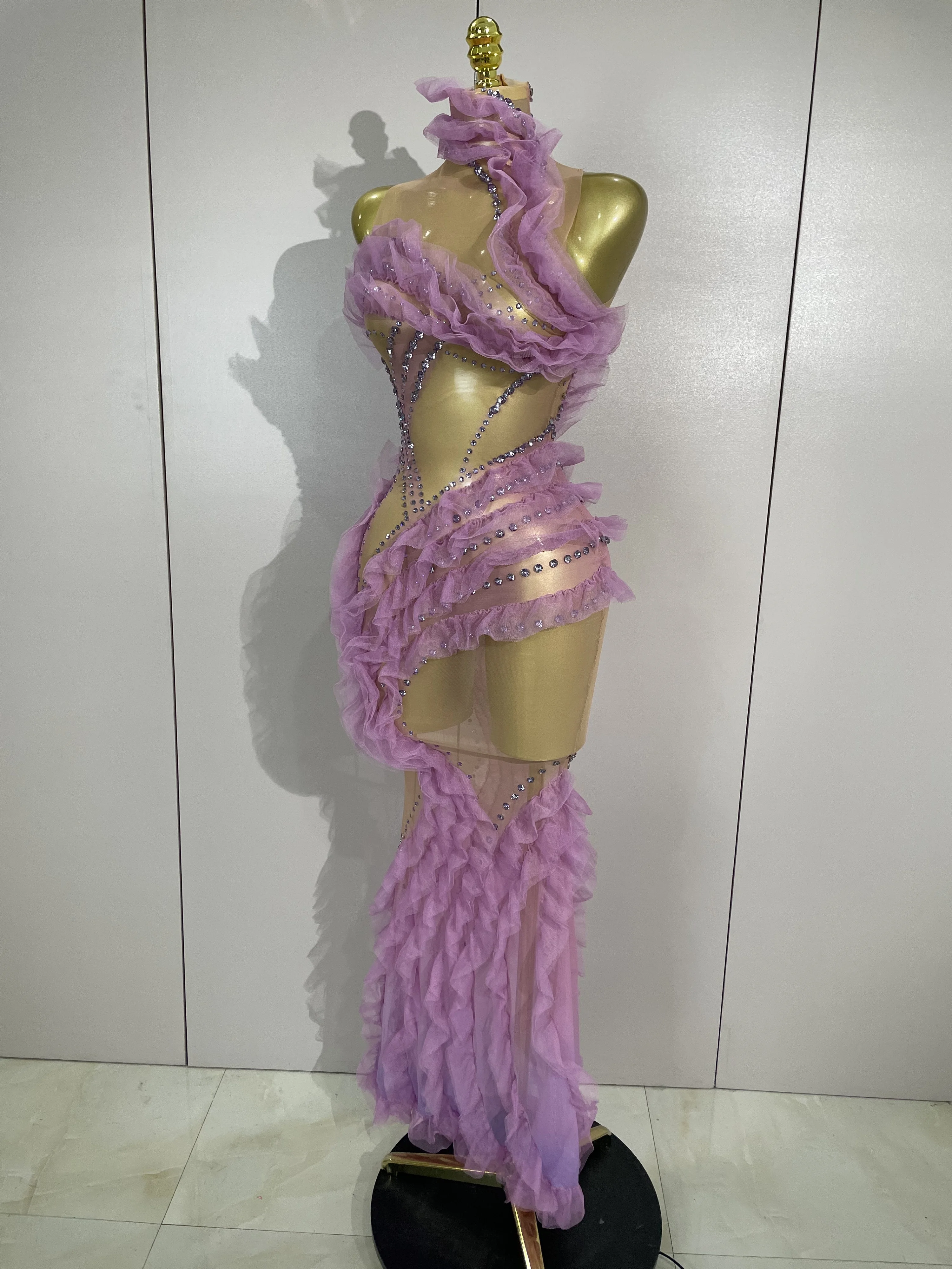 Sparkly Rhinestone Ruffled Mesh See-Through Long Dress Women Birthday Eveing Party Sexy Photo Shoot Nightclub Bar Stage Costume