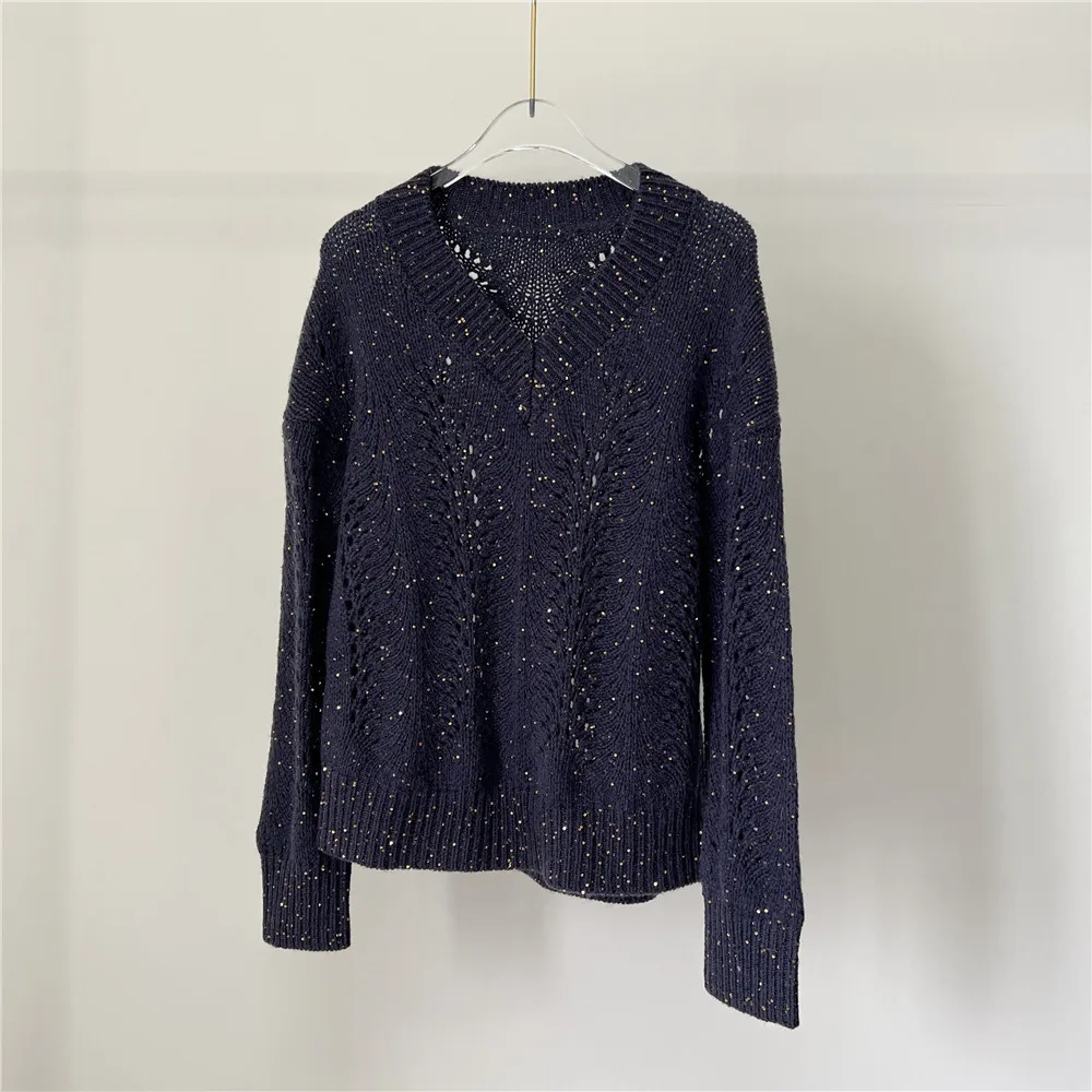 Pullover con paillettes con scollo a v maglione lavorato a maglia a maniche lunghe abbigliamento donna di alta qualità