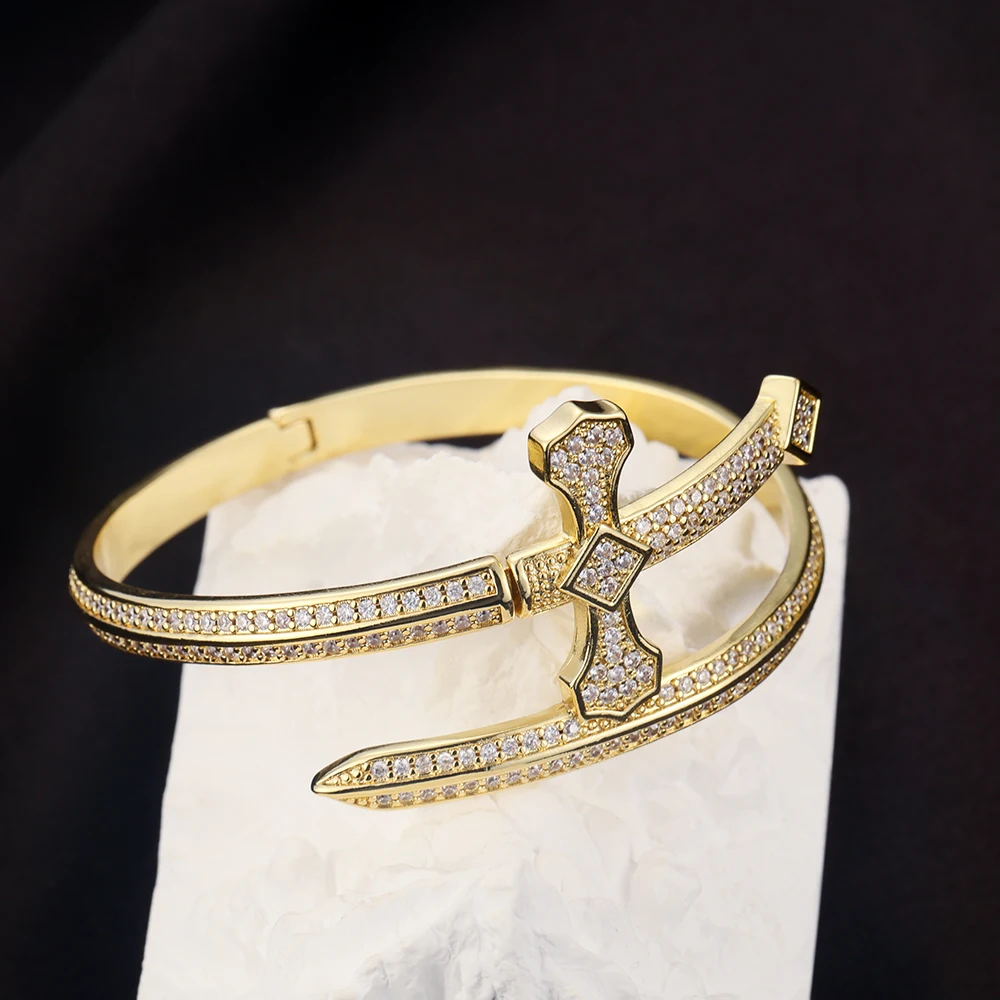 مثلج خارج بلينغ زركون تشيكوسلوفاكيا الصليب السيف سوار للرجال الصبي المفتوحة حجم الذهب اللون سيف العدالة الإسورة الهيب هوب مجوهرات الولايات المتحدة #5