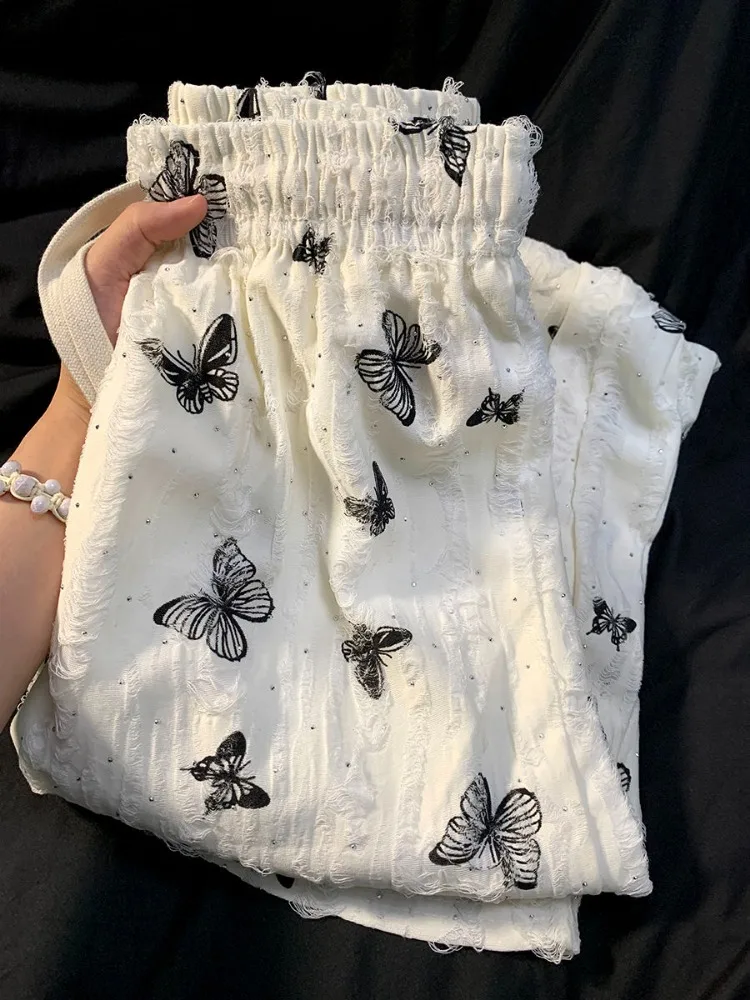 Diamond Butterfly Embroidery Femme Vintage Wide Leg Pants For Women Causal Y2k Aesthetic Trousers Harajuku Hole Summer Bottoms