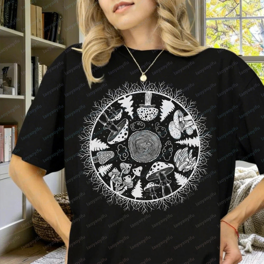 Aesthetic Mushroom Magic Mushrooms Ring Printed Tshirt Fungi Plant Nature Graphic Tee Tops Mushroom Lover Gift Cottagecore Shirt